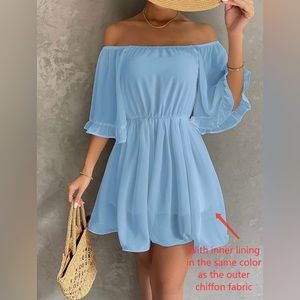 NWT— Feditch— Light Blue Chiffon Off-Shoulder Mini Dress, size SM